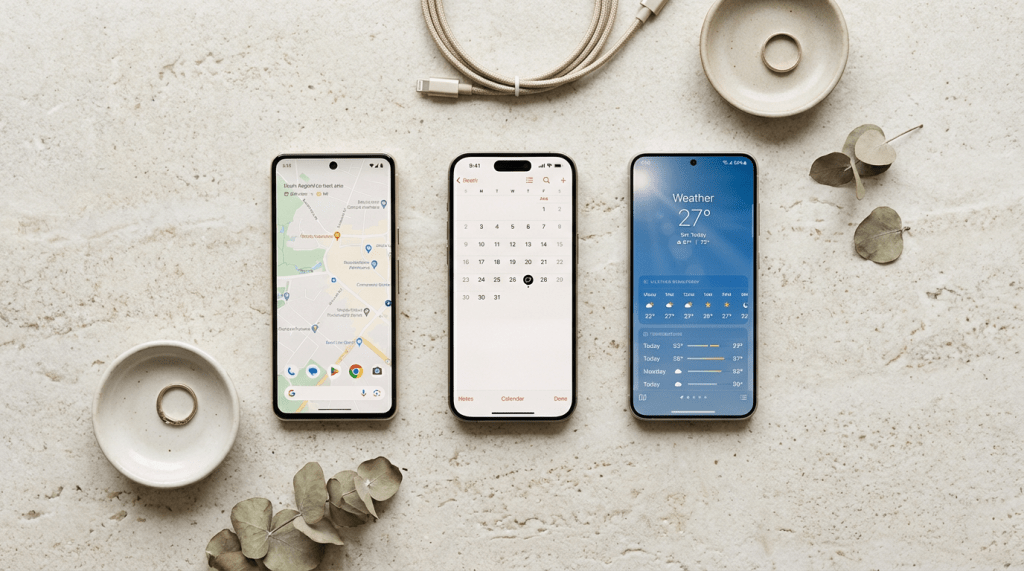 Three smartphones displaying map, calendar, and weather apps on a textured beige surface.