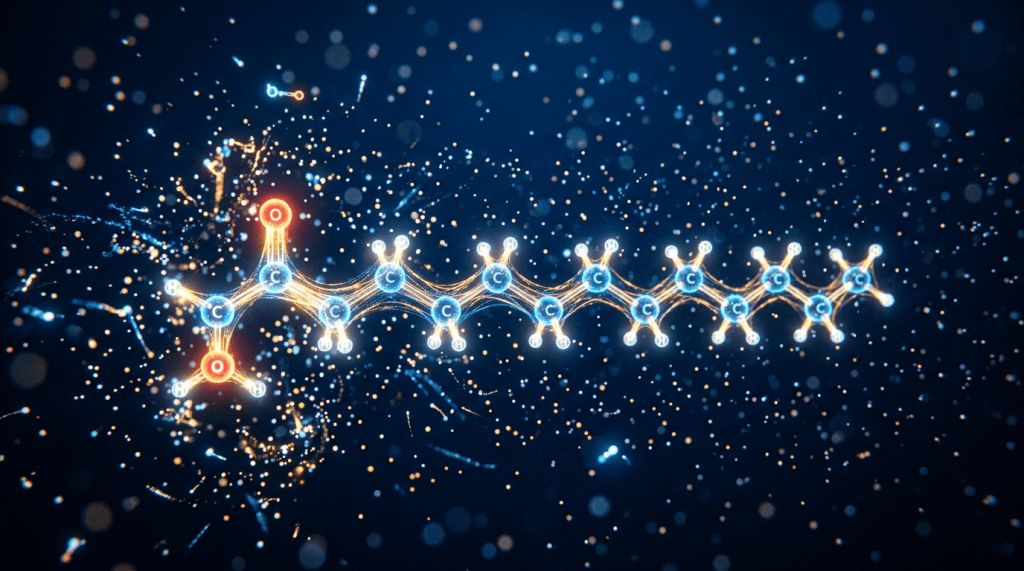 Molecular model of a fatty acid with carbon, hydrogen, and oxygen atoms